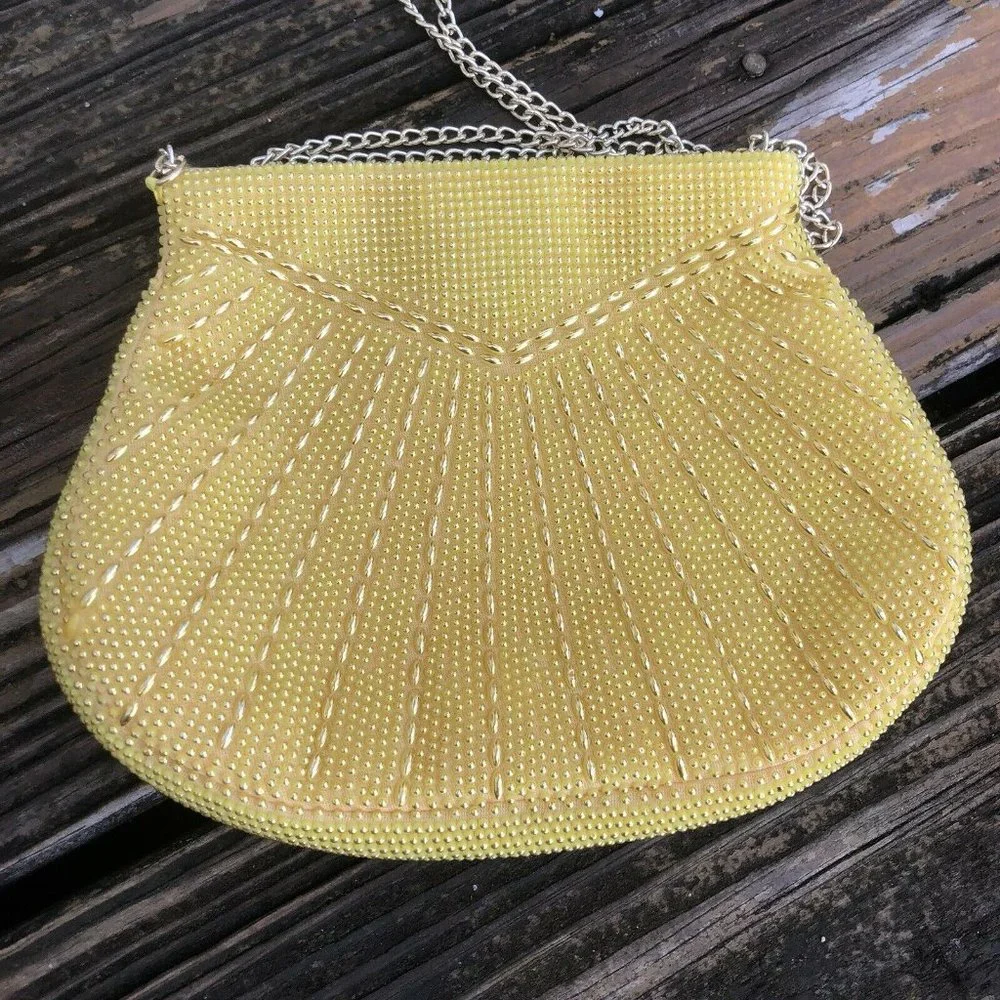 Yellow Gold Corde Art Deco Beaded Purse Evening Bag Vintage 50s 60s Hong Kong